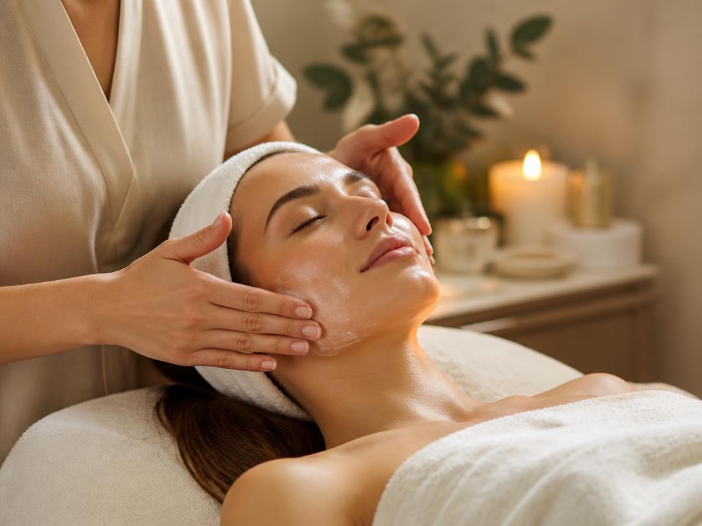 Professional facial treatment in a warm, serene spa setting