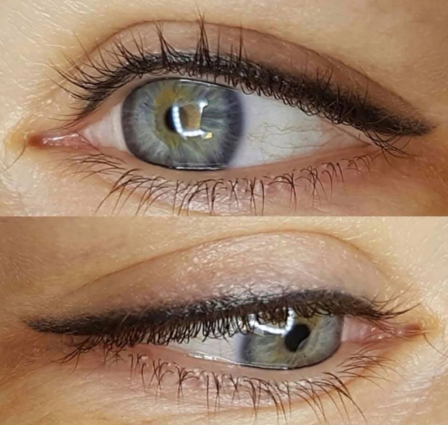 Close-up of healed permanent eyeliner — soft, subtle lash-line definition