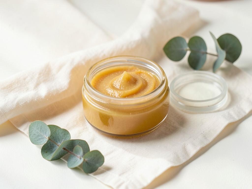 Natural sugaring paste in a glass jar with eucalyptus